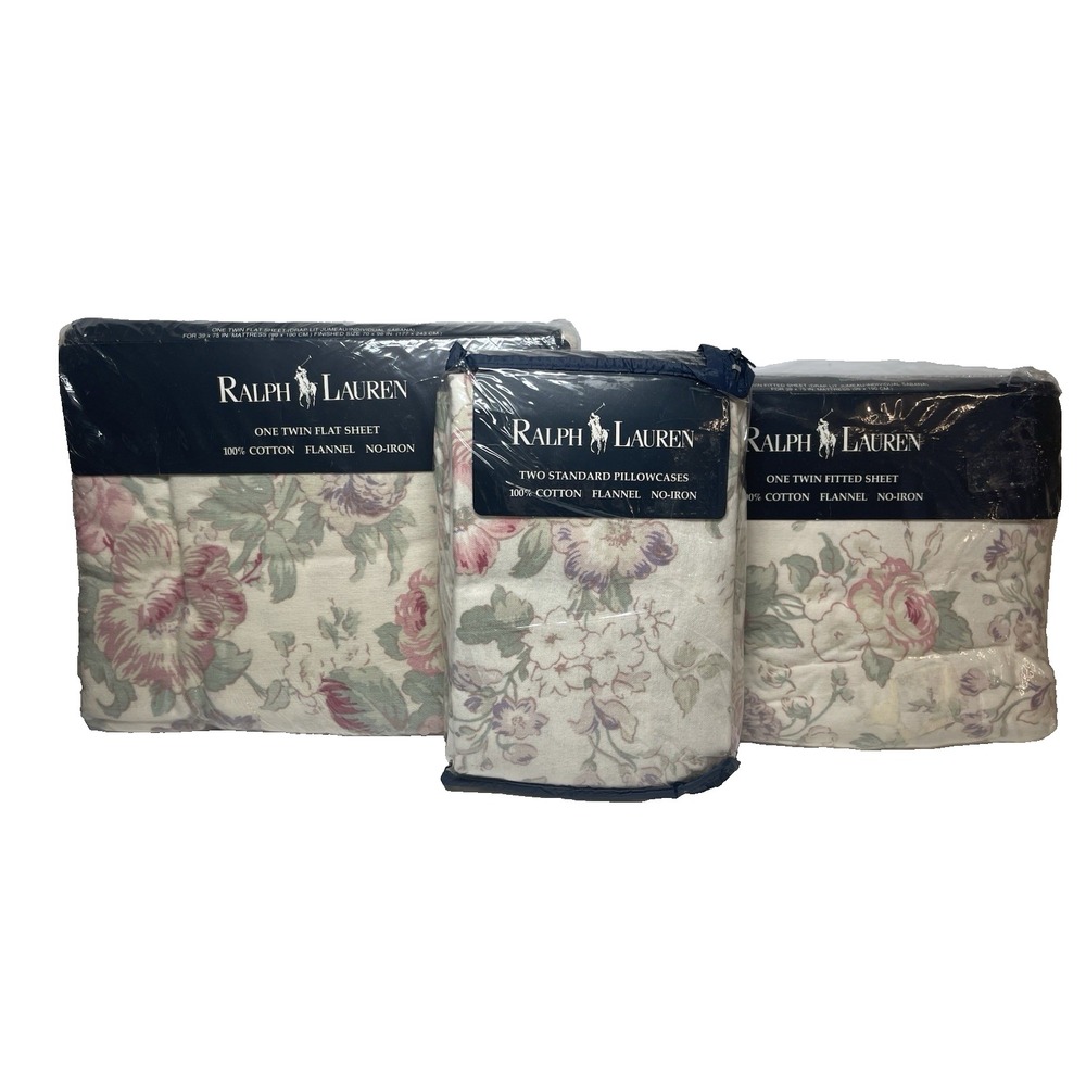 Vtg New NOS Ralph Lauren Felicity Floral Rose Flannel TWIN  4 Pc Sheet Set